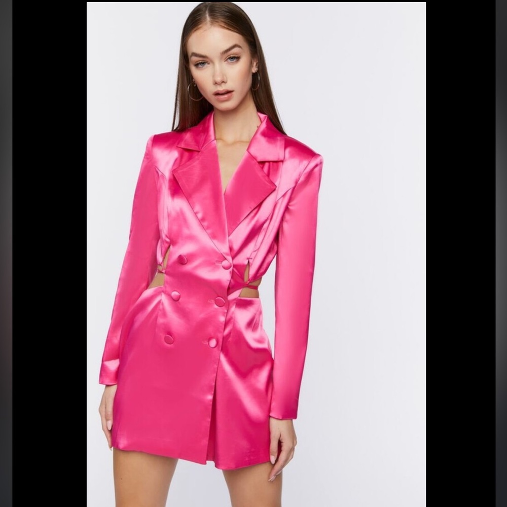Pink Satin Blazer Dress Long Sleeve Hot Pink Small